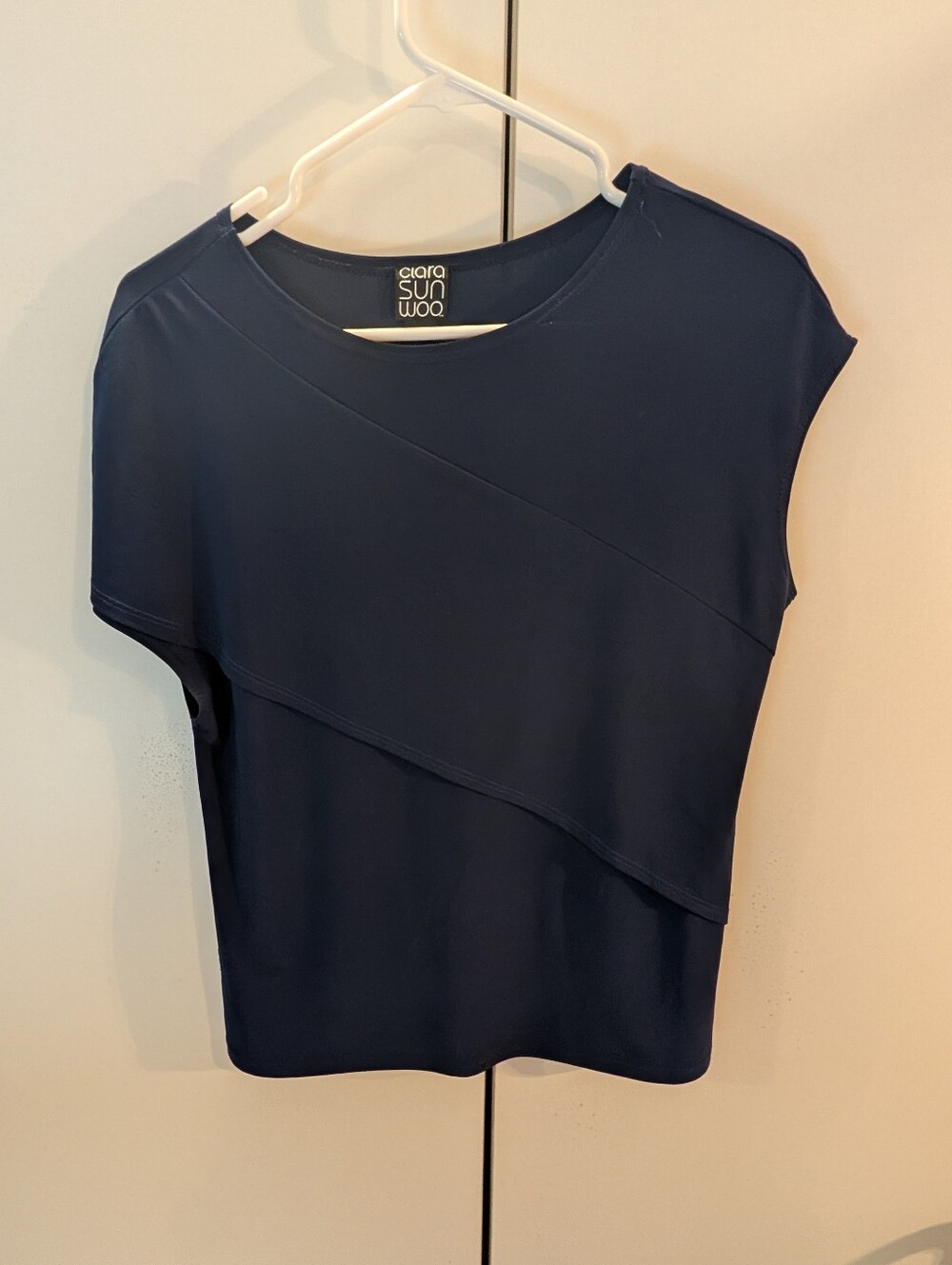 Clara Sun Woo Navy Asymmetrical Panel Short Sleeve Top Woman's Small
